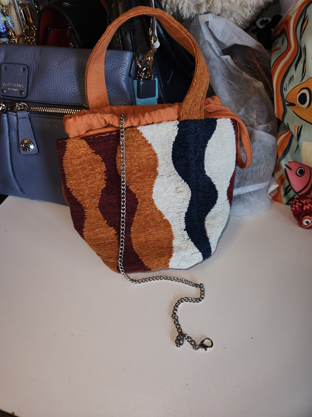 Rust Wave Pattern Tote Bag with Navy & Cream Panels